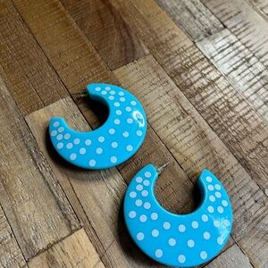 Vintage 80s Blue Polka Dot Hoop Earrings